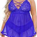 Women's Plus Size Lingerie Sets, Sexy Open Back Babydoll Strappy Lace Chemise (XX-Large, Blue)