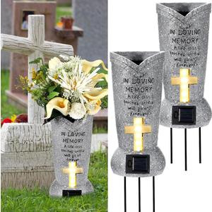 2 Pcs Solar Cemetery Grave Vase with LED for Fresh Artificial Flowers Headstones Vases with Spikes Grave Decorations for Cemetery Grave Decor Memorial Gifts Loss of Loved One
