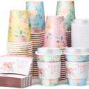 Remerry 100 Pcs 12oz Floral Disposable Coffee Cups with 100 Lids and 100 Sleeves Paper Insulated Drink Hot Coffee Paper Cups with Dome Lids and Sleeves for Parties Wedding Baby Shower(Fresh)