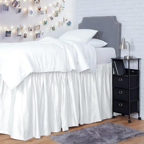 Shreem Linen Dorm Room Bed Skirt Twin XL 30 Inch Drop, 100% Microfiber Extra Long Bedskirt, White