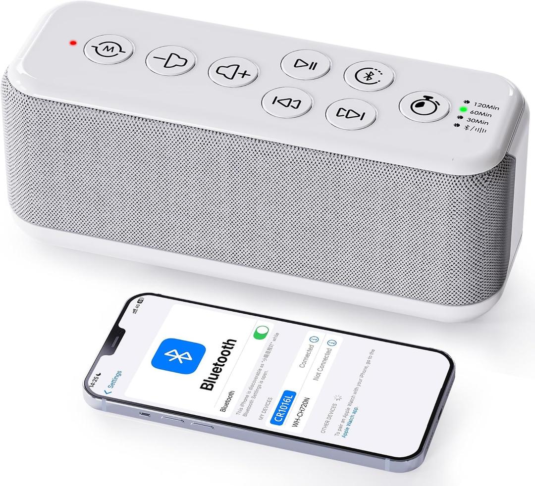 OnLyee White Noise Sound Machine with Bluetooth Speaker, 15 Soothing Sounds for Sleep, Baby & Office Privacy, 3000mAh Rechargeable, Auto-Off Timer, 8-Level Volume (White)