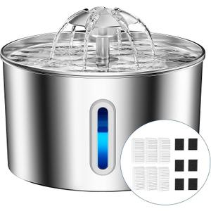 Cat Water Fountain Stainless Steel - 74oz/2.2L Corded Pet Water Dispenser Automatic Silent Cats Dispenser for Drinking Inside Indoor Metal Kitty Spout Fountain with 6 Filters & 6 Sponges