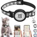 Waterproof Airtag Cat Collar with QR TAG & Reflective, Footprints Pattern, Lightweight Kitten Collar for Apple AirTag, Hidden GPS Tracker Holder for Cats, Kittens (Black)(7-12)