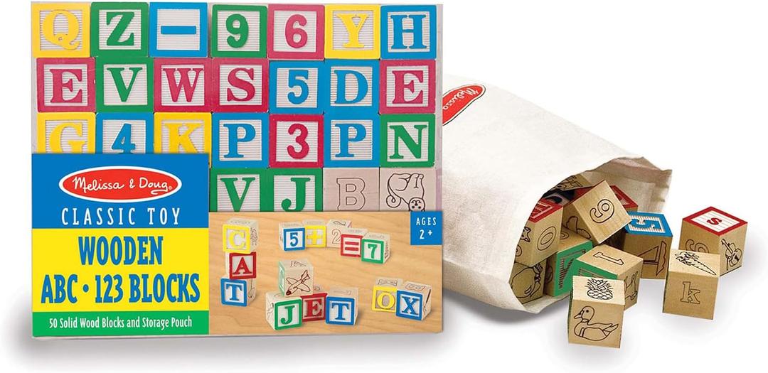 Melissa & Doug Deluxe Wooden ABC/123, 50-Piece Set of Classic Letter & Number Wooden Blocks (1 x 1) with Storage Pouch, Sorting & Stacking Toys for Kids Ages 2+