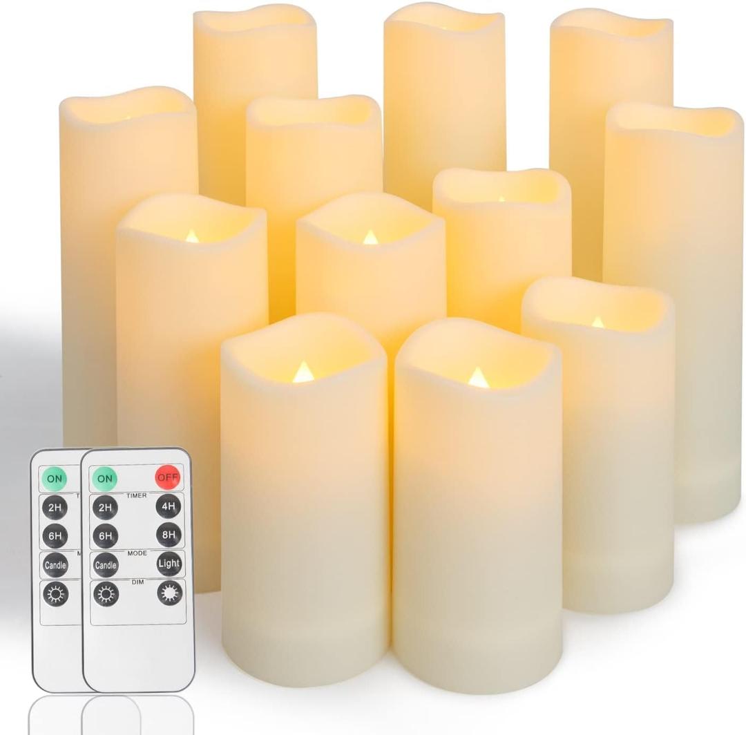 Metaku Flameless Flickering Candles Battery Operated LED Candles Set of 12 Ivory with Remote & Timer for Halloween, Christmas, Bedroom, Home, Wedding, Birthday Decoration D2.2'' x H4''5''6''7"