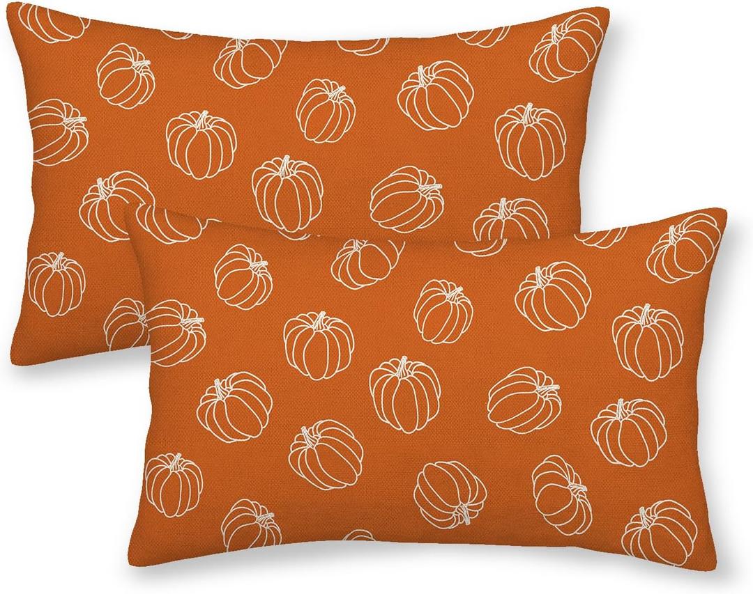 AEIOAE Fall Pillow Covers 12x20 Inch Set of 2,Burnt Orange White Pumpkin Throw Pillows Case,Autumn Outdoor Decorative Square Linen Farmhouse Harvest Decor Cushion Covers for Home Sofa Bed Couch