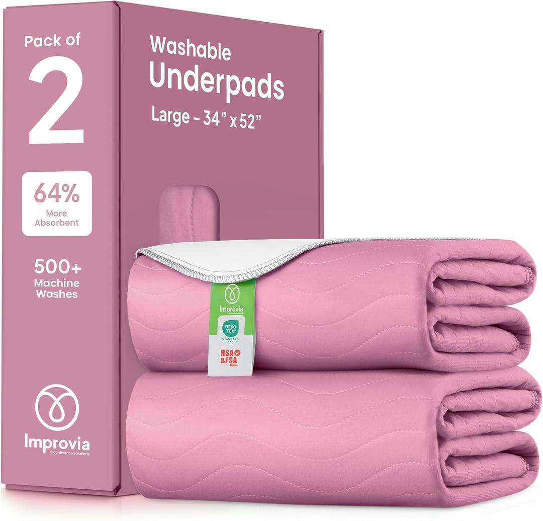IMPROVIA Washable Underpads, Heavy Absorbency Reusable Incontinence Pads for Kids, Adults, Elderly, and Pets, Waterproof Protection Floor (Pink and White, 34" x 52" - Pack of 2)
