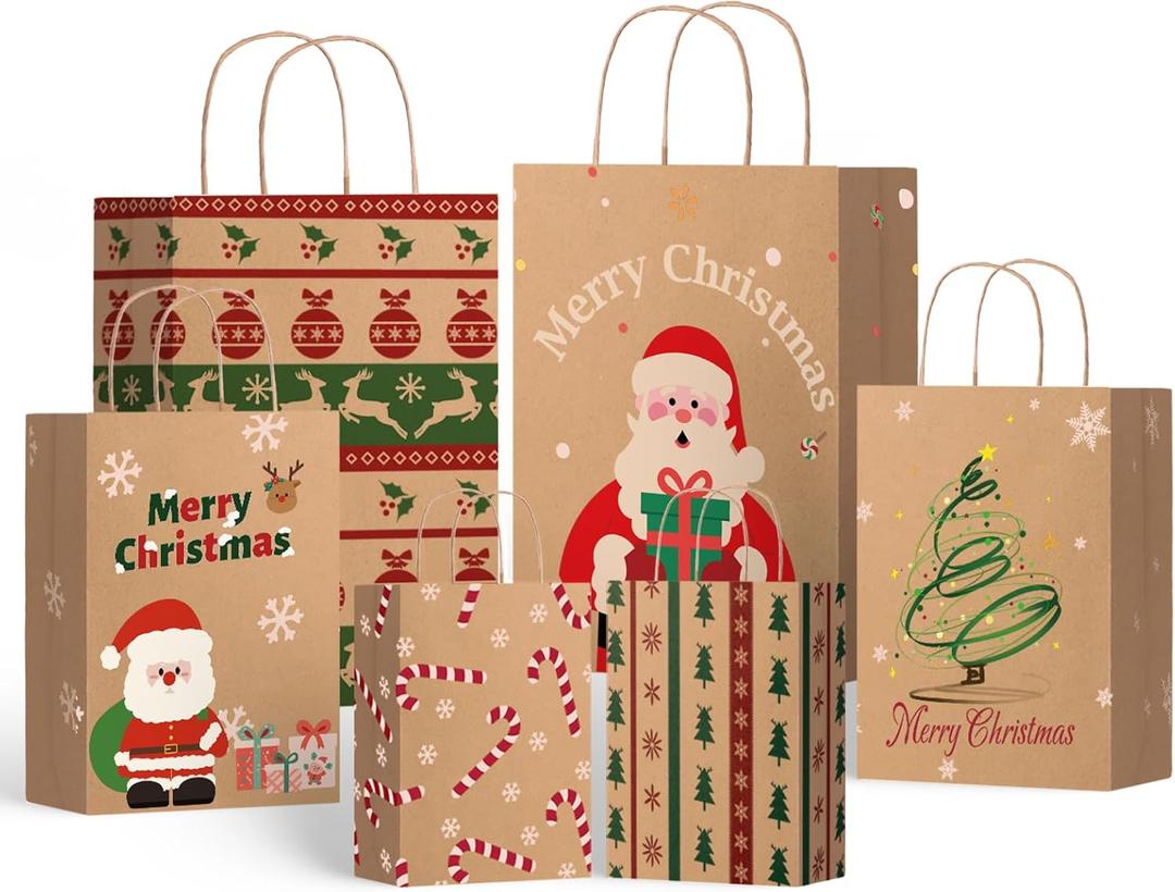 SUNEE Christmas Gift Bags with Tissue paper, 24pcs Assorted Sizes Xmas Bags Bulk with Handles, Assorted with Xmas Stockings, Santa Claus Designs for Christmas Gifts, 8 Large 13", 8 Medium 11", 8 Small 9" (Brown)