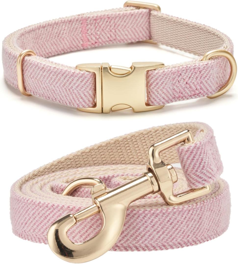 Soft Hemp Dog Collar and Leash Set Adjustable Woven Tweed Dog Collars with Metal Buckle and Lead for Small Medium Large Dogs,Pink