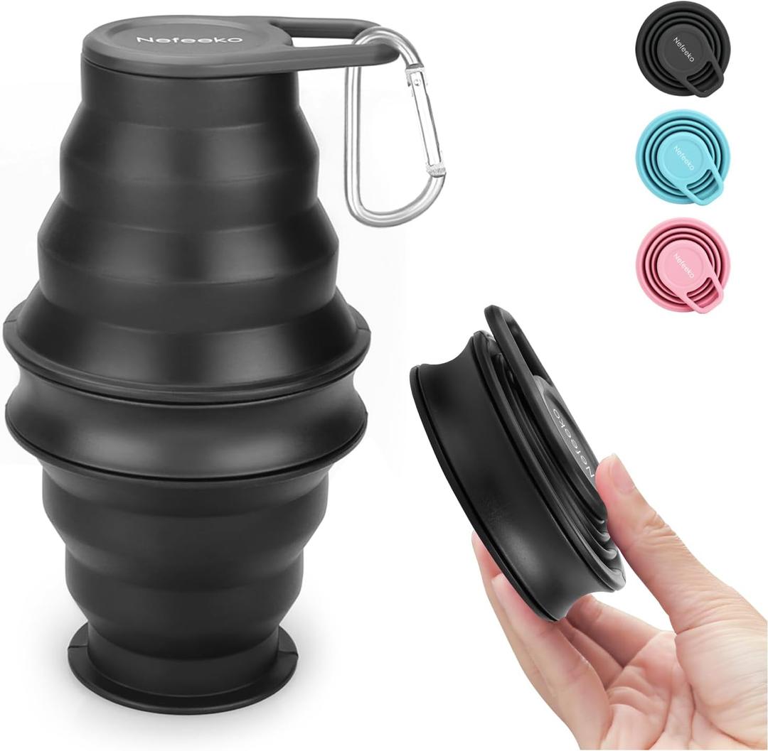 Nefeeko Collapsible Water Bottle,17oz(500ml) Reuseable BPA Free Silicone Foldable Water Bottles for Travel Gym Camping Hiking, Portable Leak Proof Sports Water Bottle with Carabiner (Black)