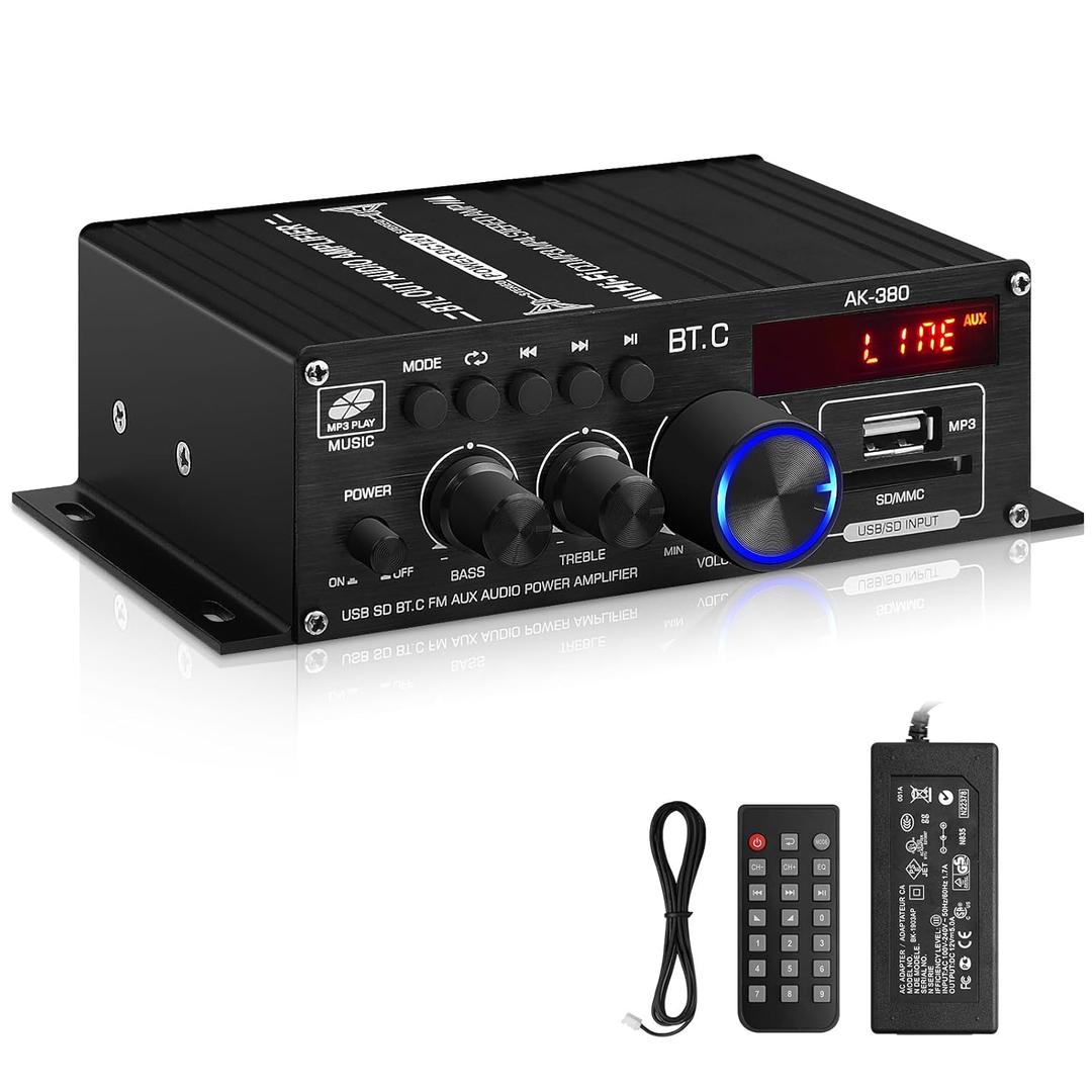 AK-380 USB SD BT.C FM AUX Audio Power Amplifier 400W+400W 2.0 CH HiFi Stereo AMP Speaker Bluetooth 5.0 Amp Receiver with 12V 5A Power Supply,FM Antenna for Car Home Bar Party