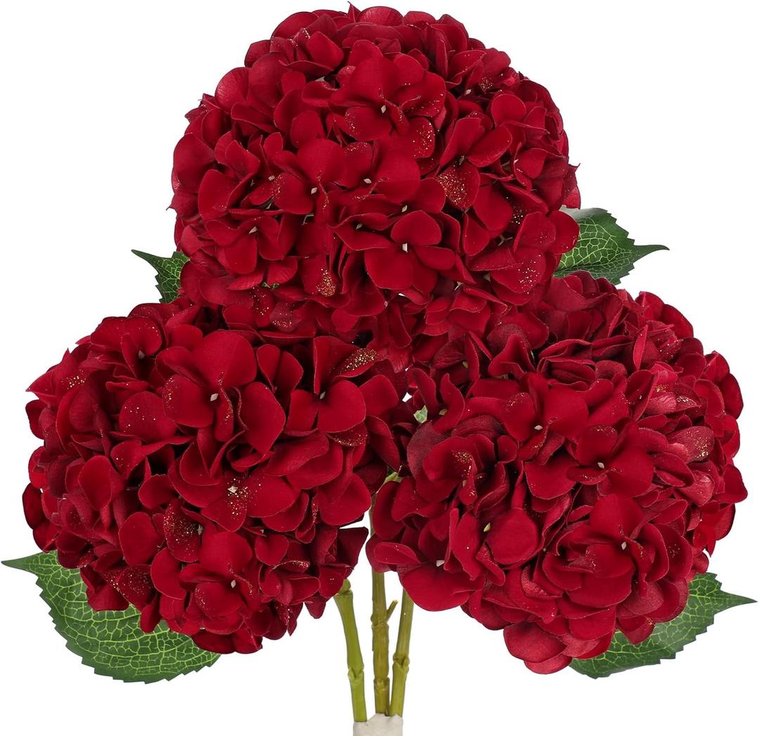 Hollyone 3Pcs Christmas Red Hydrangea Artificial Flowers 7.8inch Burgundy Hydrangeas Glitter Faux Hydrangea Flowers with Stems Fake Flower Arrangements Bouquets Floral Party Xmas Home Decor Large
