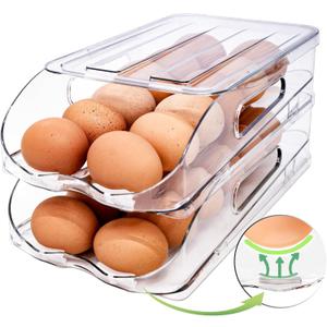 Egg Holder for Fridge, Automatic Steady Rolling Egg Container with Soft Bumpers & Handle for Refrigerator, Stackable Fridge Organizers and Storage with Lid ((M SIZE) 2 Tier Holder 24 Eggs)