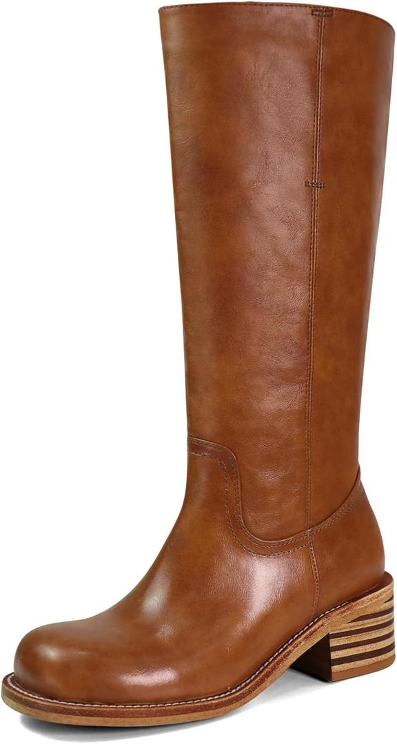 VBDB Women's Knee High Boots Square Toe Chunky Block Heel Long Boots for Women Comfortable Low Heel Womens Boots (Brown)