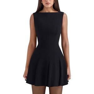 YMDUCH Women's Summer Sleeveless Boat Neck A-line Flared Hem Club Party Mini Dress S