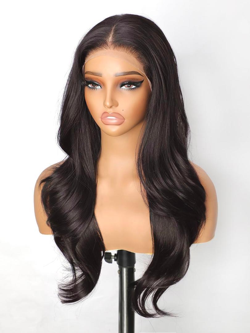 cuiud Chocolate Brown Lace Front Wig 13x4 HD Glueless Brown Wigs Pre Plucked for Beginners Synthetic Lace Front Wig for Women Long Layered Wave Wig 26inch, Dark Brown