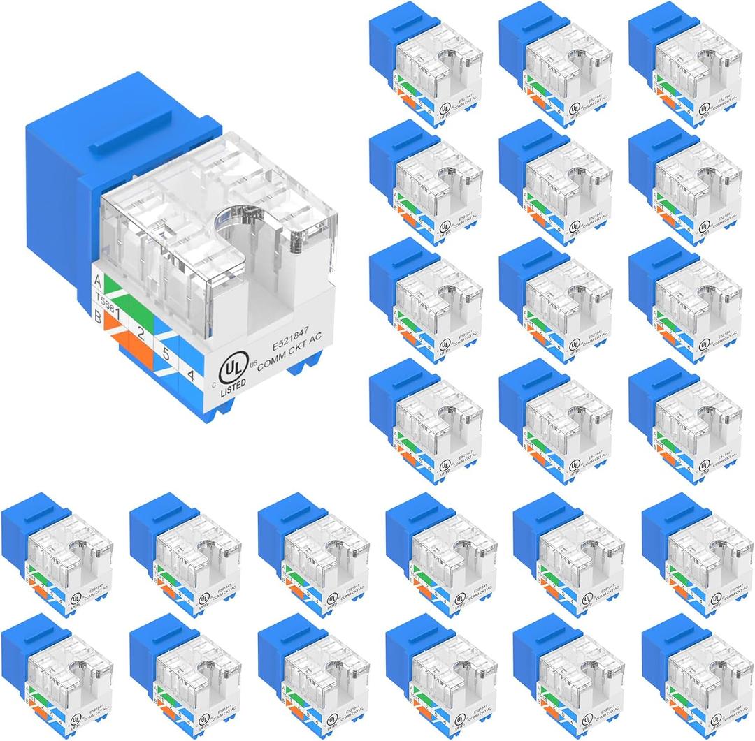 VCE UL Listed 10Gbps Cat6 Keystone Jack Insert 25-Pack, 90 Degree Punch Down RJ45 Keystone Jack Adapter Slim Profile Blue