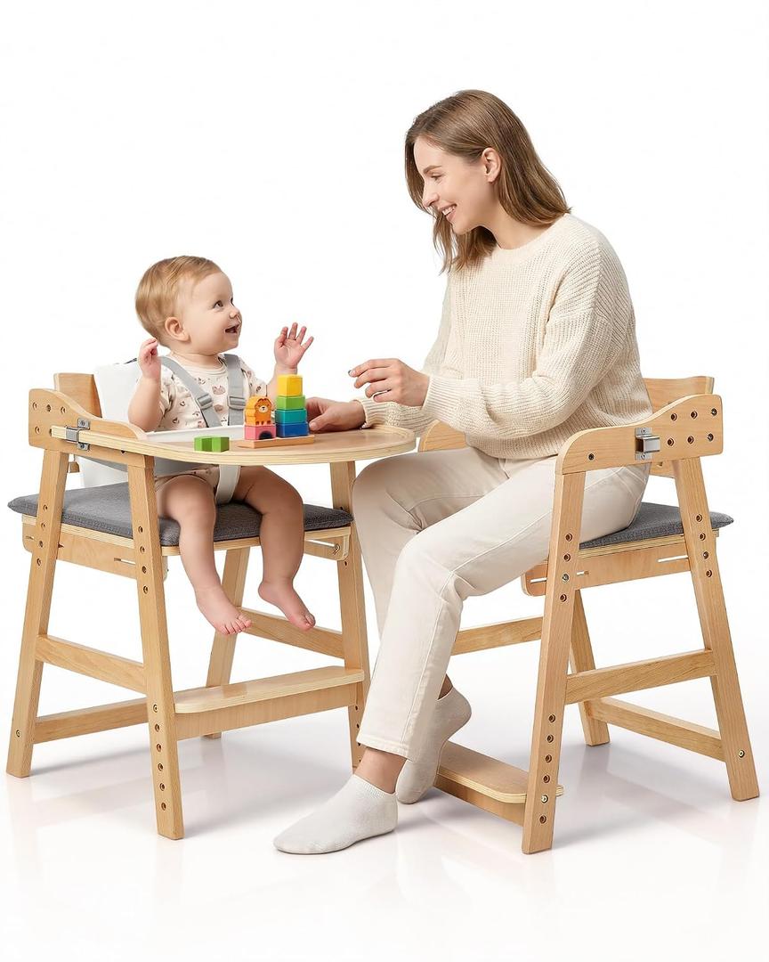 ONTHEWEI Wooden Baby High Chair for Babies, Toddler & Adult Up to 330Lbs, Anti-Tip Adjustable High Chair with Detachable Tray, Baby Sets, Soft Cushion, Ergonomic & Easy Clean