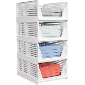 4 Pack Stackable Closet Storage Basket - Stackable Storage Bins, Multifunctional & Foldable Closet Organizer Divided, Wardrobe Cupboard Space-Saving Clothes Storage Hat Organizer, White