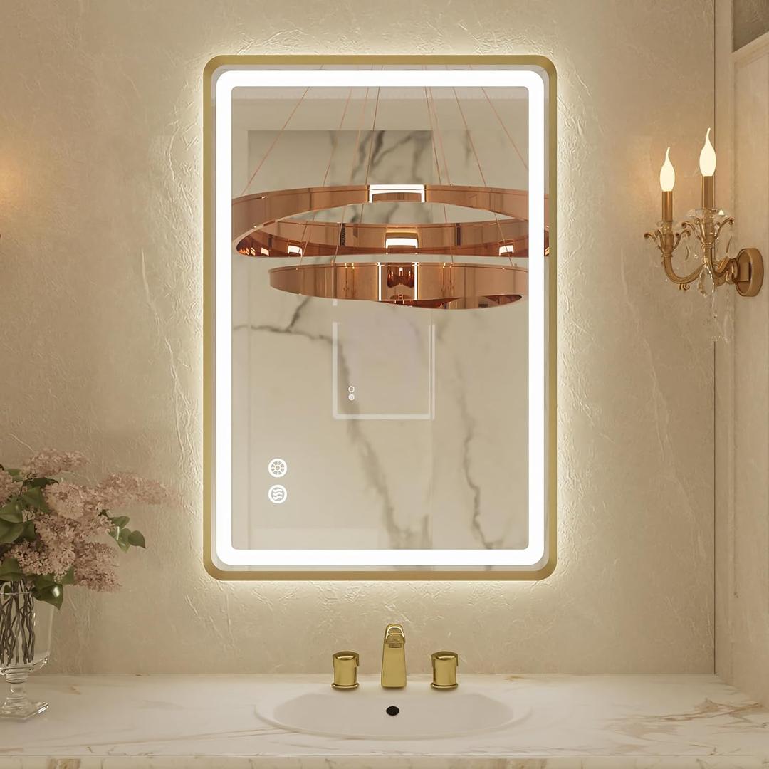 24x32 Inch LED Bathroom Mirror with Round Corner Gold Framed, Lighted Vanity Mirrors with Lights, Front Light and Backlit, Stepless Dimmable, Anti-Fog, Memory, 3 Colors Wall-Mounted Mirrors