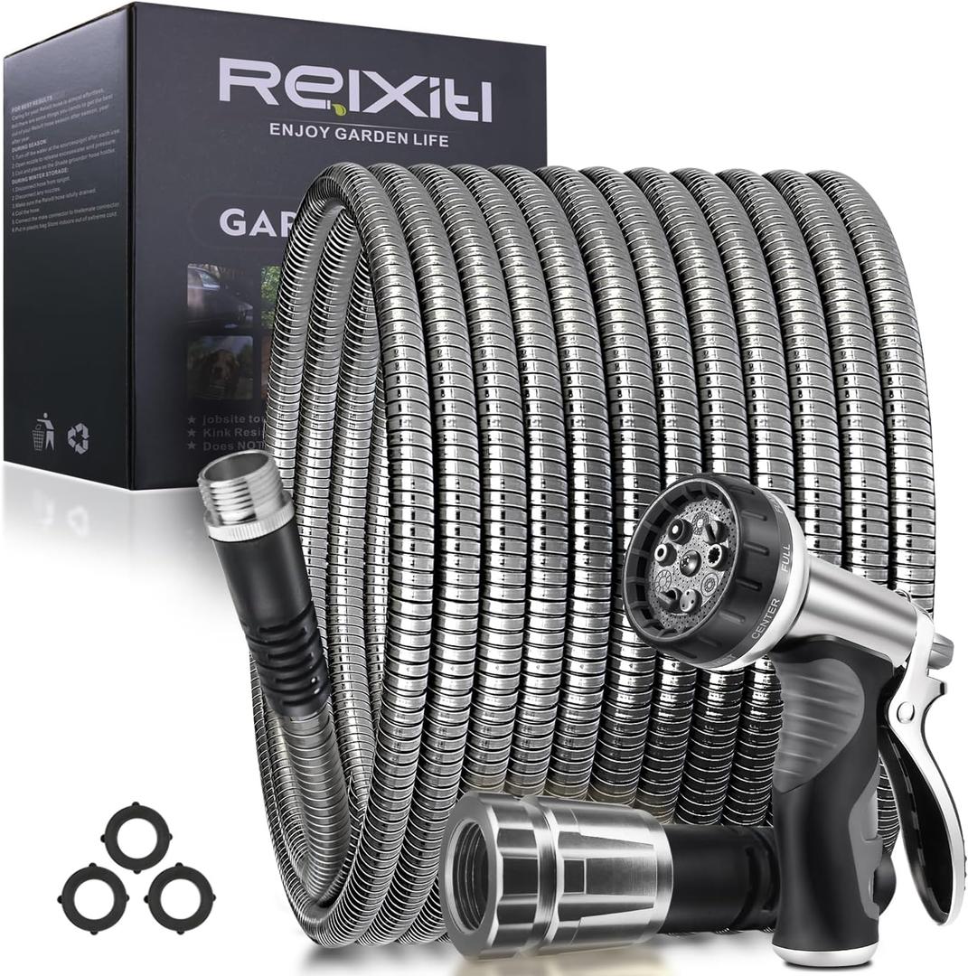 50FT Metal Garden Hose - Stainless Steel, Heavy Duty, Flexible & Lightweight, Never Kink and Tangle, with 10-Function Nozzle, Pressure Resistant for Outdoor Use (Gray)