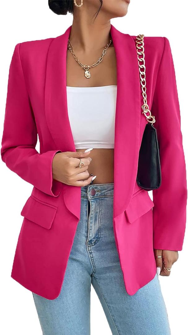 Nihsatin Women's Business Casual Blazer Lapel Collar Open Front Long Sleeve Jackets (XX-Large, Hot Pink)