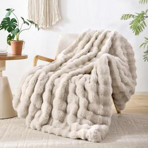 Smoofy Faux Fur Throw Blanket for Couch Rabbit Fleece - Linen Fluffy Blanket for Sofa Bedroom Living Room, Cozy Soft Plush Luxury Thick Winter Fuzzy Comfy Bubble Blanket - 60" x 80" (Twin(60" x 80"))