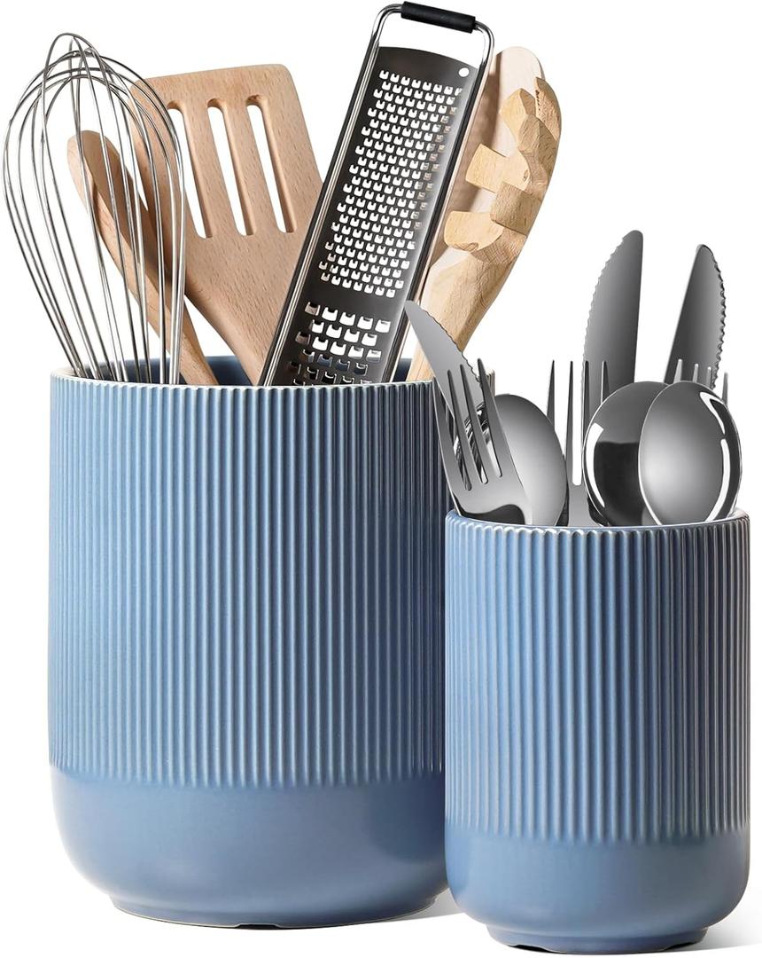 LE TAUCI Utensil Holder for Kitchen Counter, 7.3"+5.4" Fluted Ceramic Utensil Crock Organizer for Countertop, Heavy Large Holder for Spatulas, Spoons, Set of 2, Dusty Blue