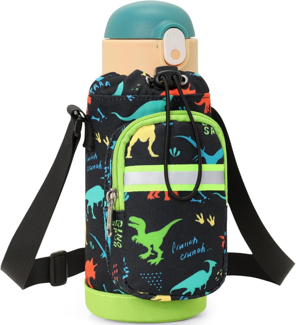 Water Bottle Carrier for Kids - Water Bottle Holder with Strap, Boys Water Bottles Sling Bag for 10/12/14/16/18Oz Water Bottles Walking Hiking Trip Camping, Black Dinosaur