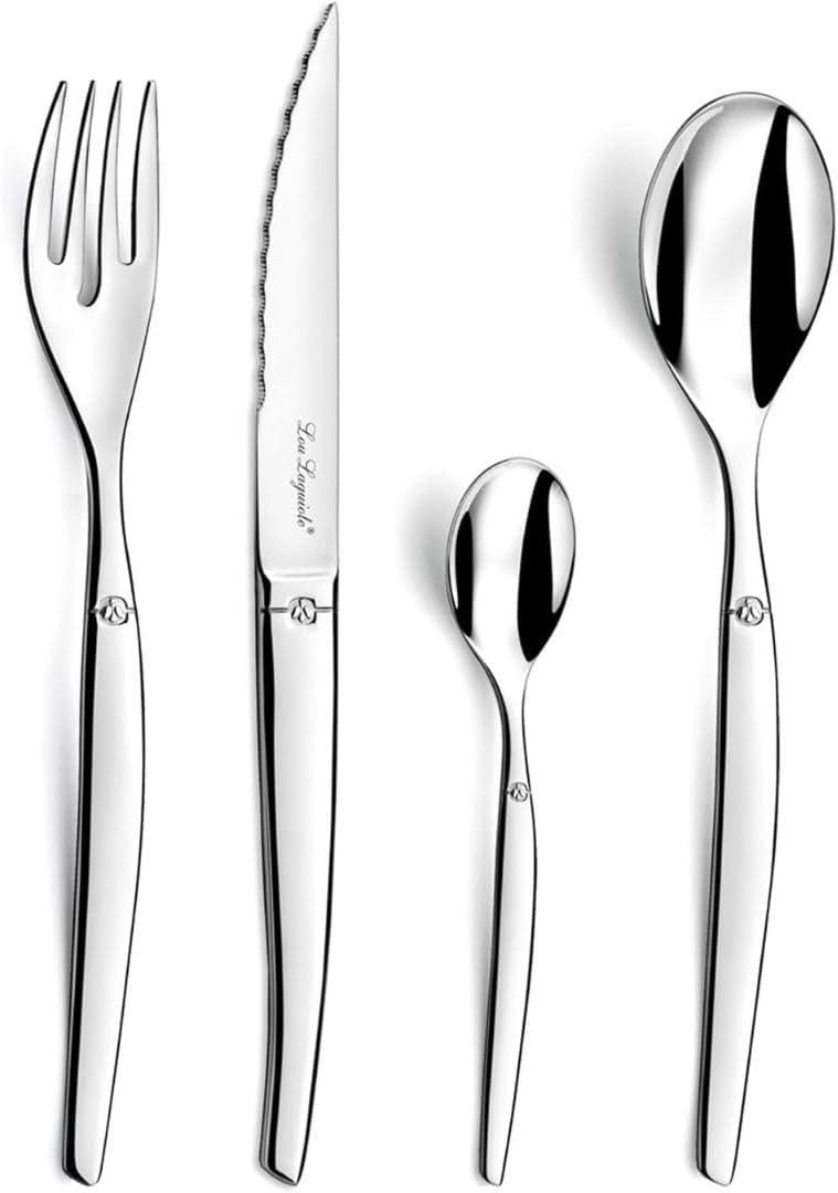 Amefa Silverware Set - 24-Piece, Rustic Style, Mirror Finish - Stainless Steel Flatware & Utensils with Steak Knives - Dishwasher Safe Cutlery, Forks & Spoons