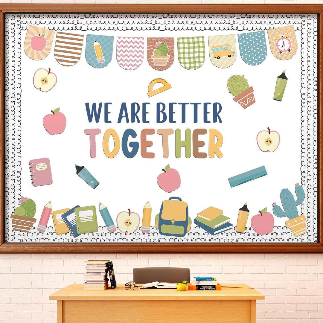 62 Pcs Boho We are Better Together Bulletin Board Decor Welcome Classroom Bulletin Board Boho Pencil Apple Cutouts Back to School Paper Cutouts Set for School Wall Decor