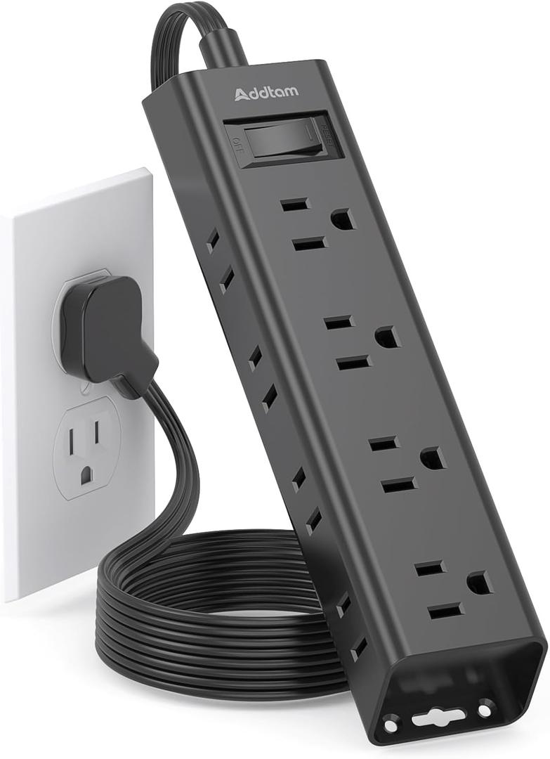 6Ft Surge Protector Power Strip - Flat Extension Cord, Addtam 12 Widely 3 Sides Outlet Extender, Wall Mount, Desktop Charging Station for Home Office College Dorm Room Essentials, Black