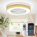 Boho Enclosed Ceiling Fan with Lights - 20 inch Low Profile Rattan Flush Mount Led Ceiling Fan with Light Dimmable Reversible Smart Ceiling Fan with Remote APP Control for Bedroom Living Room Kitchen