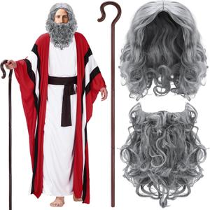 6 Pcs Mose Costume Satin Pesach Biblical Costumes Accessory Wig Beard Cane for Passover Seder Church Plays Adult