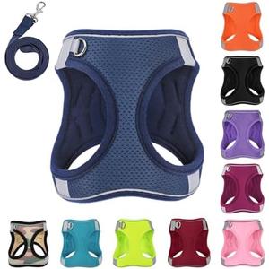 PWOD Dog Harness with Leash Set, No-Pull Step-in Reflective Pet Harness with 1 Leash Clips, Adjustable Soft Padded Easy Walk Dog Vest for Small Medium Large Dogs, Cats(Dark Blue,Medium)