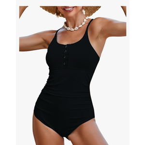 Womens One Piece Swimsuits Sports Adjustable Strap Tummy Control Bathing Suit Button Up Ribbed Swimwear S/M
