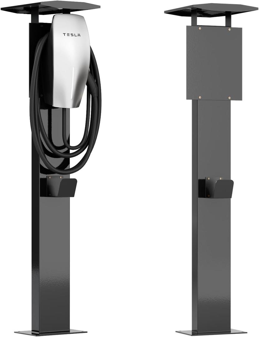 EV Charger Pedestal, Outdoor Electric Vehicle Charger Stand, Freestanding Charging Station Stand Accessory, Corrosion Resistant, Galvanized Steel, for All Level 2 Chargers, Black