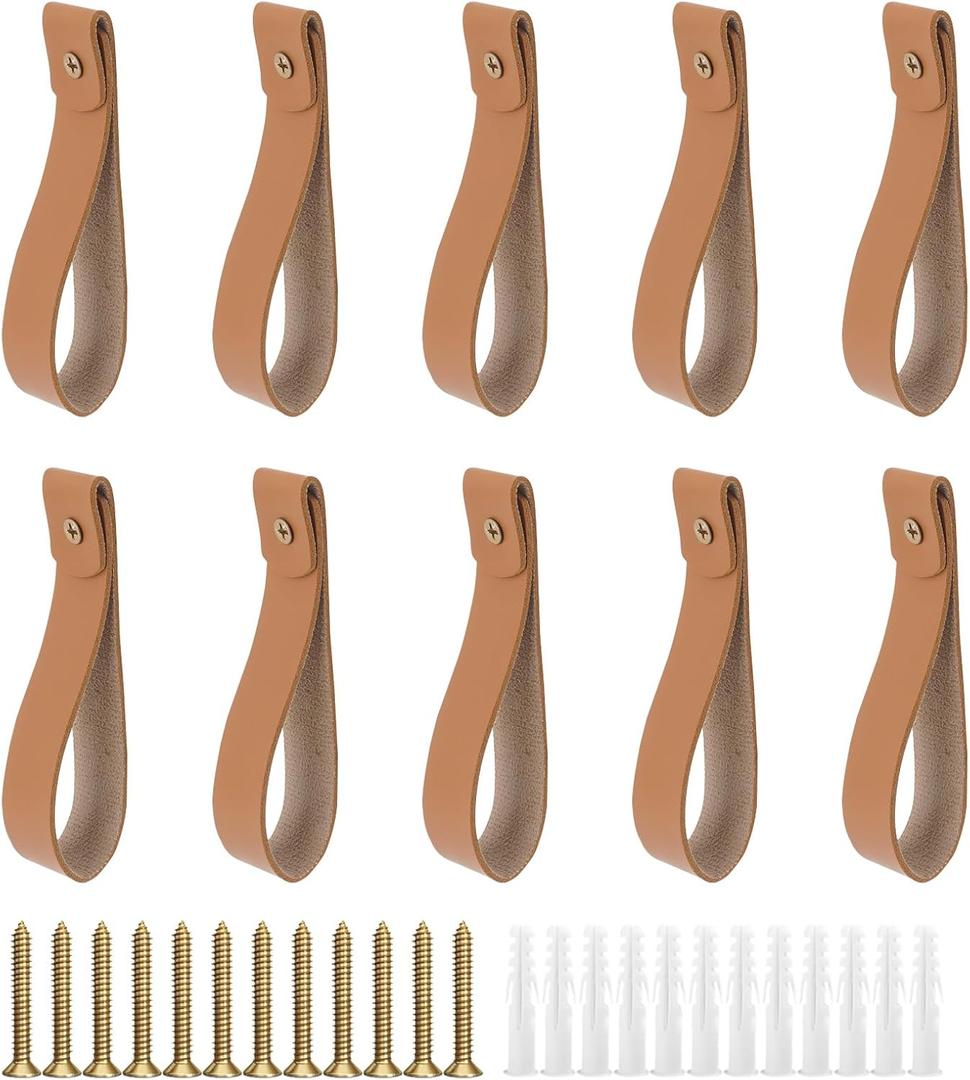AddGrace 10 PCS Leather Curtain Rod Holder, PU Leather Curtain Rod Holders for Hanging Towel, Decorative Wall Hooks, Wall Mounted Loop for Oars 9.8" Brown
