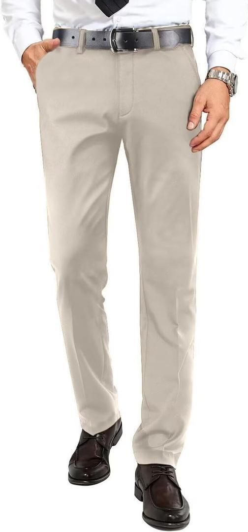Mens Dress Pants Formal Slim Fit Tuxedo Expandable Waist Flat Front Slacks Pant for Men Groomsmen Business Work Classic (Medium, Light Champagne)