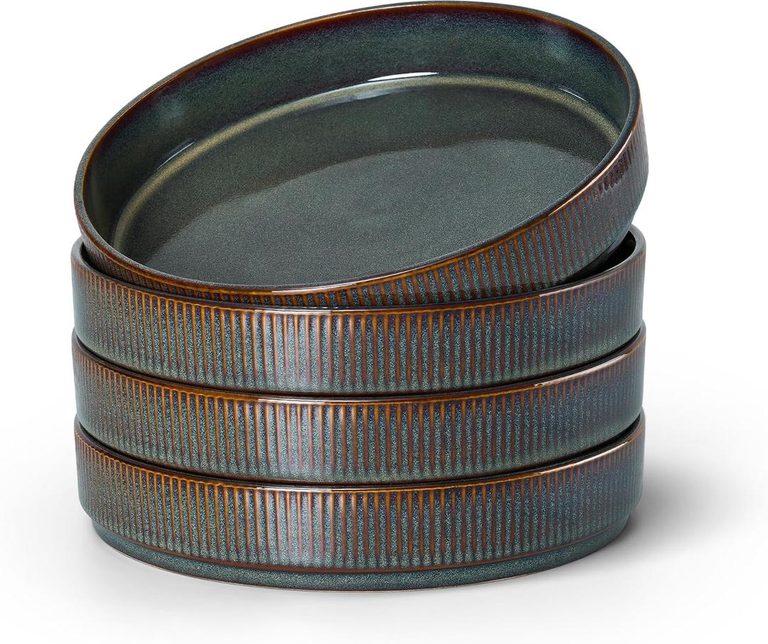 E-far Pasta Bowls Set of 4, 35oz Large Salad Bowl Plate for Dinner Serving, Wide & Shallow Ceramic Stoneware Pasta Plates, Microwave & Dishwasher Safe, Reactive Glaze Textured Stripes, Blackish Green