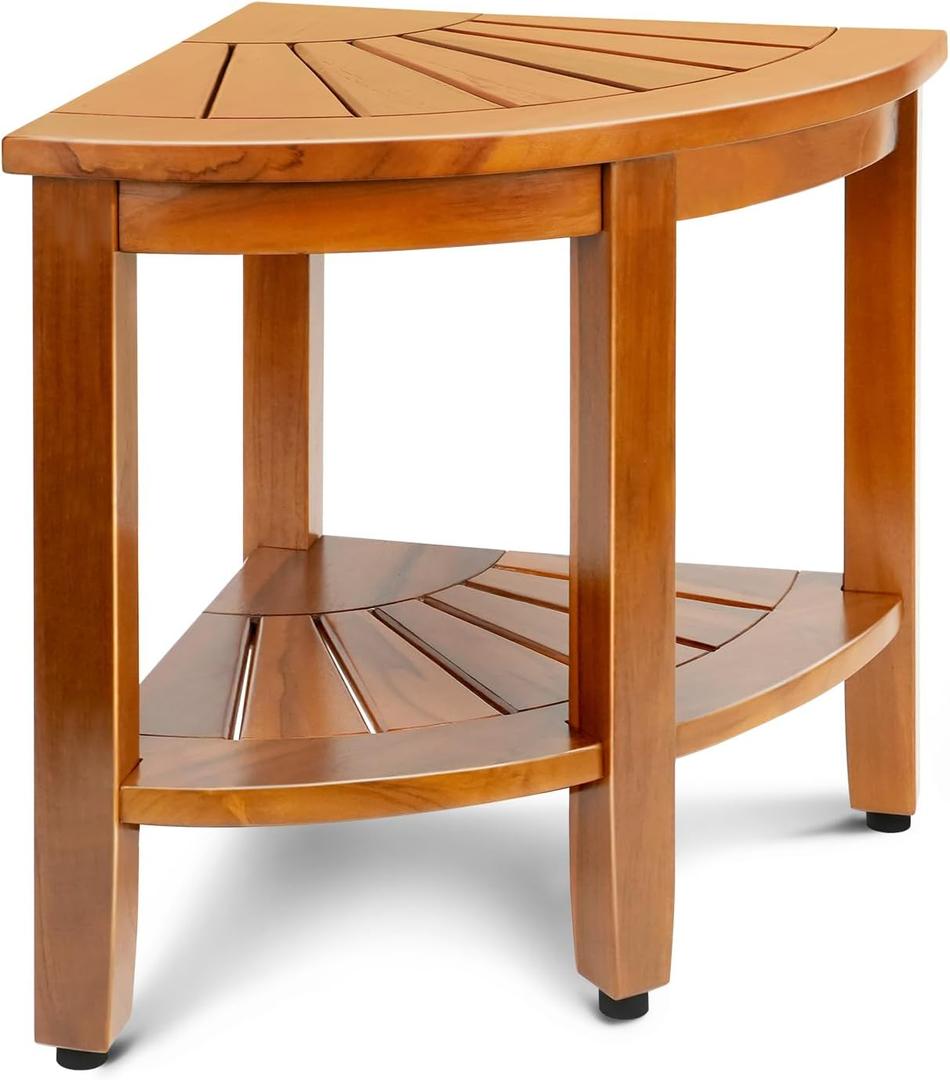 18" Premium Teak Corner Shower Bench with Shelf, Solid Teak Shower Stool, Durable Waterproof Wooden Seat for Inside Shower, Teak Wood Bench for Bathroom, Indoor & Outdoor Use, 16" W X 16" D X 18" H