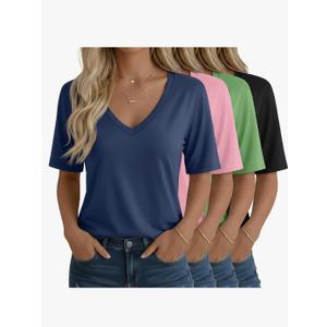 4 Pack Women's Half Sleeve Shirts V Neck Tops Elbow Length Loose Fit Straight Hem T Shirts Casual Summer Tees Size M