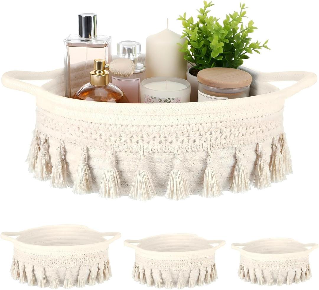 LemonRoad 3 Pcs Round Hand Woven Storage Basket with Handle Multi-size Cotton Rope Small Container Bin for Shelves Empty Gift Basket Closet Toilet Bathroom Nursery Dresser Organizer Boho Decor (White)