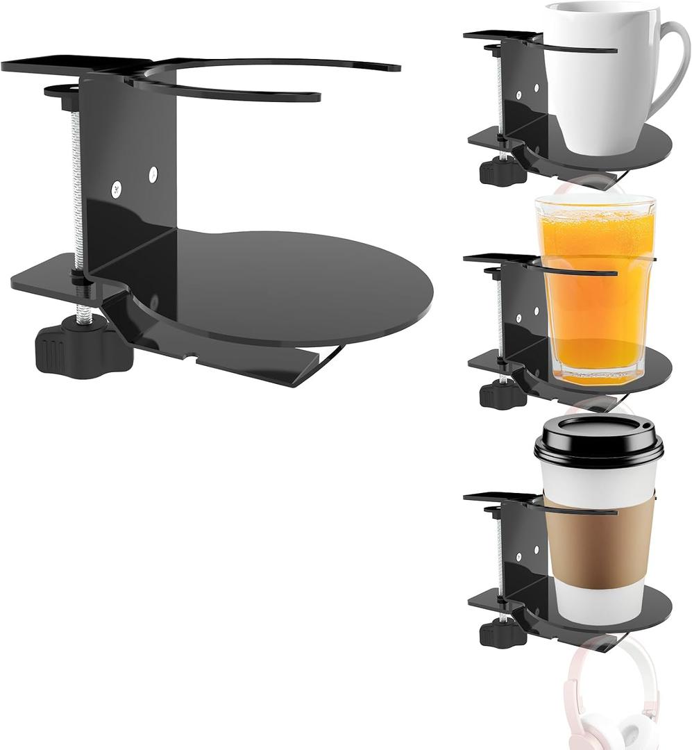 Metal Large Desk Cup Holder with 360 Rotating Headphone Hanger Under Desk, Anti-Spill Table Cup Holder Clamp for Coffee Mugs Bottles, Headset, Pencil Holder.