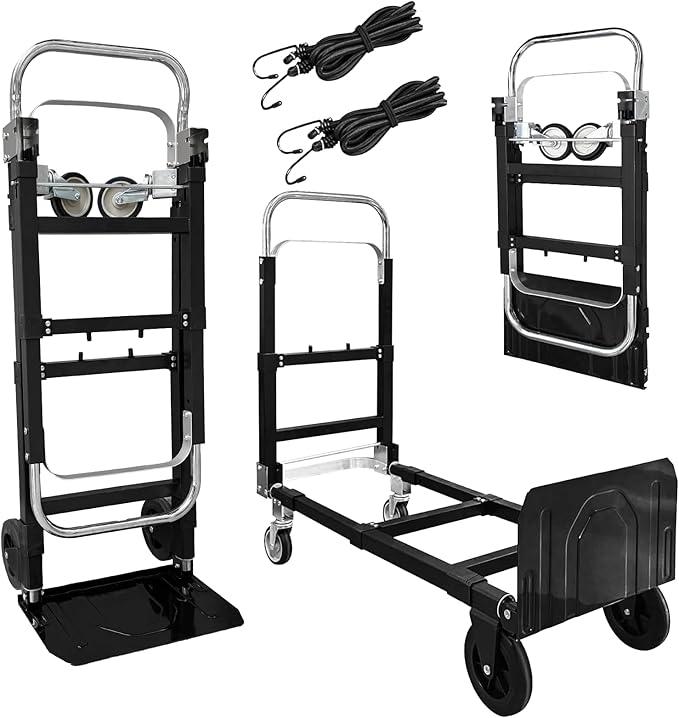 3 in 1 Convertible Hand Truck Dolly with Brakes, Heavy Duty Folding Hand Truck with 600LB Capacity, Portable Dolly Cart with Rubber Wheels and Telescoping Handles for Moving(Blue)