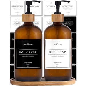 Vine Creations Amber Glass Soap Dispenser Set - Kitchen Soap Dispenser Set with Tray - Bamboo Dish Soap and Hand Soap Dispensers Set for Bathroom - Modern Kitchen Decor with Waterproof Labels