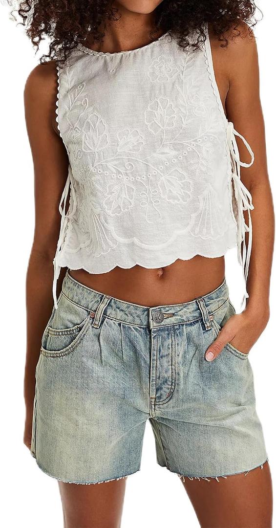 Tie Side Embroidery Flower Tank Tops for Women S