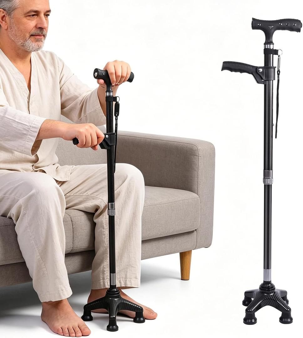Lightweight Carbon Fiber Walking Cane with Dual Handle & LED Flashlight, 4-Leg Stable Quad Cane Adjustable Height Mobility Aid for Seniors, LED Light Batteries Not Included