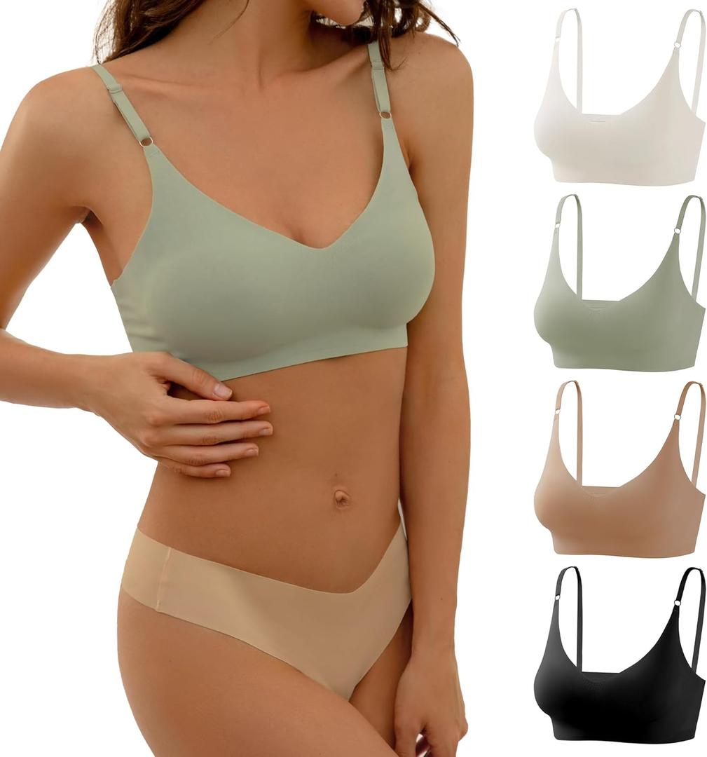 DEANGELMON V Neck Bra Padded Seamless Adjustable Straps Bralettes Everyday Basic Sleeping Bras Multiple Pack (X-Large, Black,nude,apricot,green)
