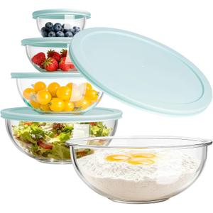 Luvan Glass Mixing Bowl with Lids Set of 5(0.2QT, 0.5QT, 1.1QT, 2.1QT, 3.75 QT), Space-Saving Nesting Bowls Anti-slip Salad Bowls for Storage, Cooking, Microwave,Freezer,Oven and Dishwasher Safe (Minty Blue)
